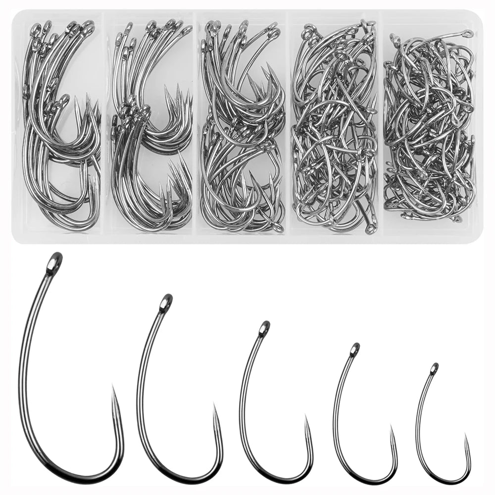 180PCS Barbless Fishing Hooks Kit Carp Fishing Hooks Curved Shank Fly Tying Hooks Circle Hooks for Hair Rig Carp Fishing Tackle