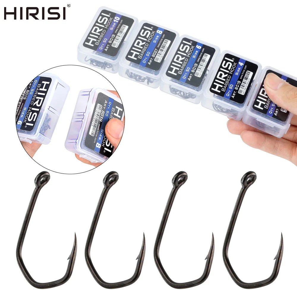 Hirisi 50pcs Carp Fishing Hooks Barbed Pinpoint Claw Hooks PTFE Coating High Carbon Stainless Steel Eyed Fish Hooks 8019