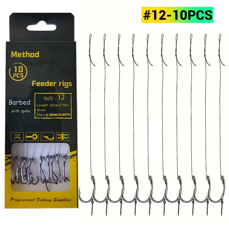 Carp Fishing Method Feeder Rigs | Barbed Hook & Braided Line Kit (Sizes 6,8,10,12) for Carp & Crucian Carp