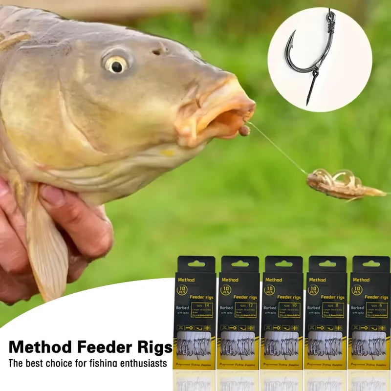 Carp Fishing Method Feeder Rigs | Barbed Hook & Braided Line Kit (Sizes 6,8,10,12) for Carp & Crucian Carp