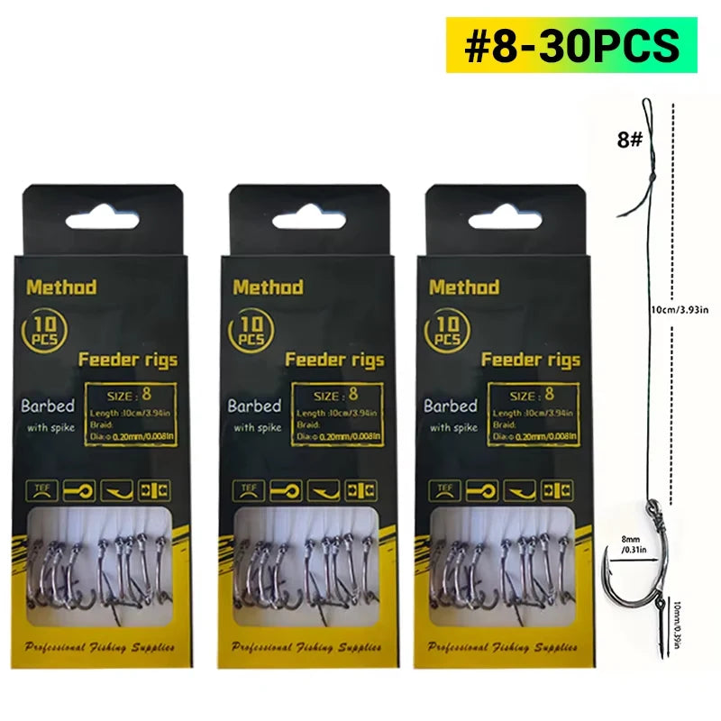 Carp Fishing Method Feeder Rigs | Barbed Hook & Braided Line Kit (Sizes 6,8,10,12) for Carp & Crucian Carp