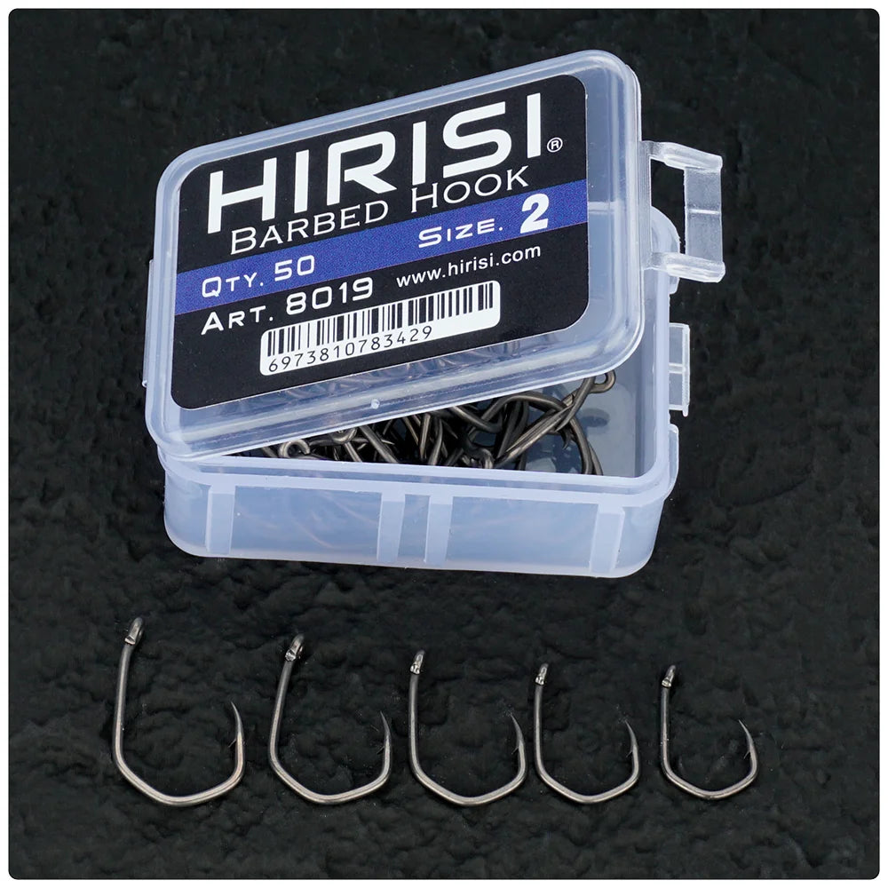 Hirisi 50pcs Carp Fishing Hooks Barbed Pinpoint Claw Hooks PTFE Coating High Carbon Stainless Steel Eyed Fish Hooks 8019