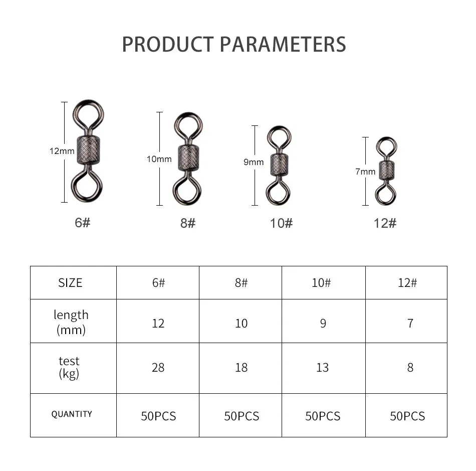 MEREDITH Fishing Swivels Ball Bearing Swivel 50PCS/Lot with Safety Snap Solid Rings Rolling Swivel for Carp Fishing Accessories