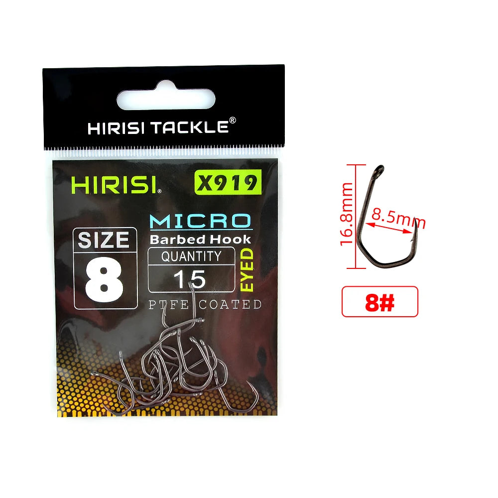 Hirisi 15pcs PTFE Coated High Carbon Steel Fish Hook Micro Barbed With Eye Carp Fishing Hook Accessories X919