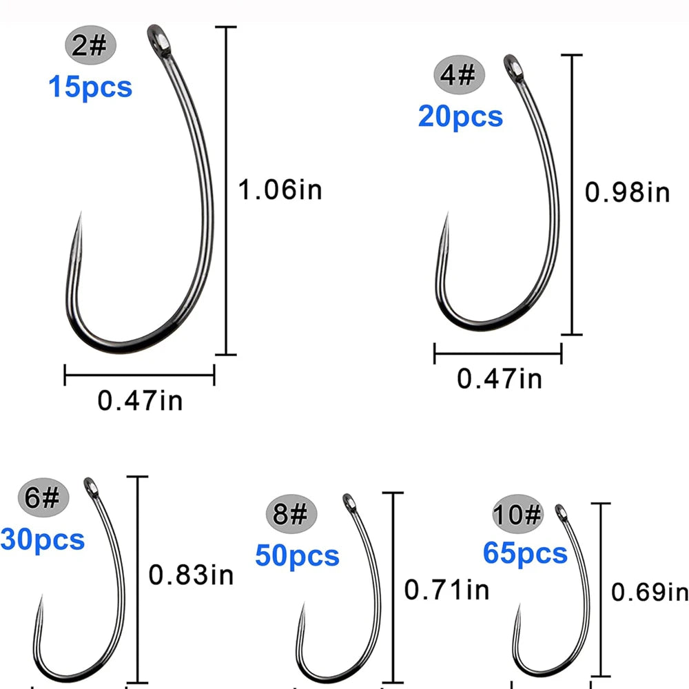 180PCS Barbless Fishing Hooks Kit Carp Fishing Hooks Curved Shank Fly Tying Hooks Circle Hooks for Hair Rig Carp Fishing Tackle
