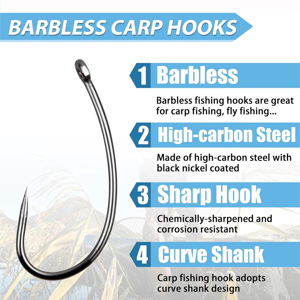 180PCS Barbless Fishing Hooks Kit Carp Fishing Hooks Curved Shank Fly Tying Hooks Circle Hooks for Hair Rig Carp Fishing Tackle