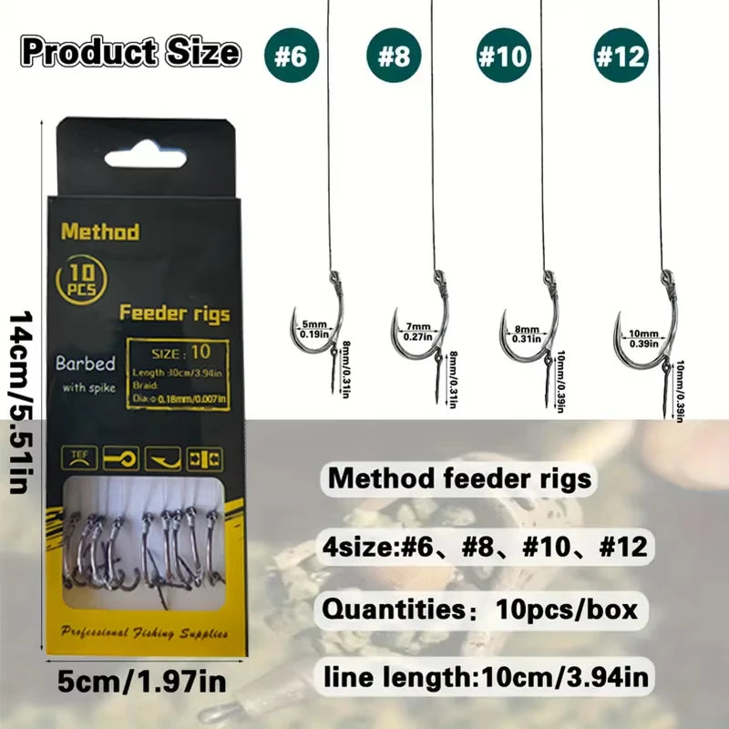 Carp Fishing Method Feeder Rigs | Barbed Hook & Braided Line Kit (Sizes 6,8,10,12) for Carp & Crucian Carp