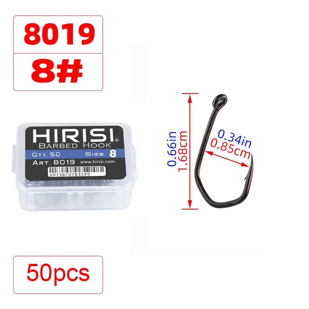 Hirisi 50pcs Carp Fishing Hooks Barbed Pinpoint Claw Hooks PTFE Coating High Carbon Stainless Steel Eyed Fish Hooks 8019