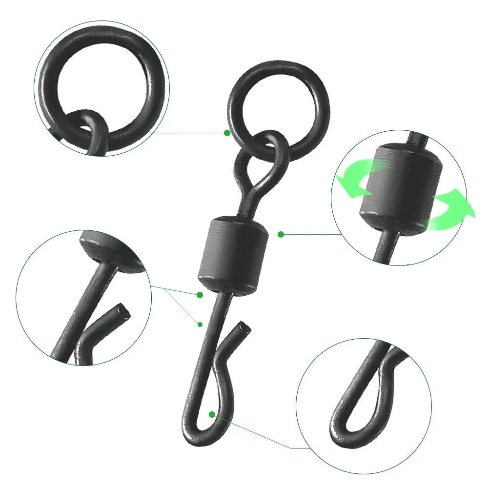 20pcs Carp Fishing Terminal Tackle Accessories Long Body Q-shaped Fishing Swivel Snap with Solid Ring