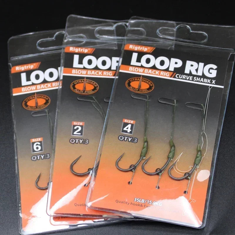 3x 35lb/15.9kg Carp Fishing Loop Rig With Hook Kickers Size 2 4 6 Curve Shank Hook PTFE Coating  Carp Fishing Tackle Accessories
