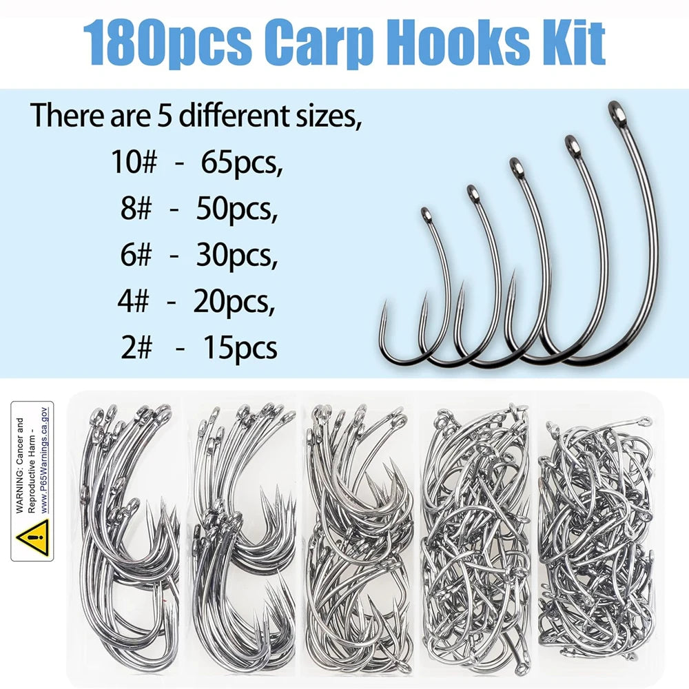 180PCS Barbless Fishing Hooks Kit Carp Fishing Hooks Curved Shank Fly Tying Hooks Circle Hooks for Hair Rig Carp Fishing Tackle