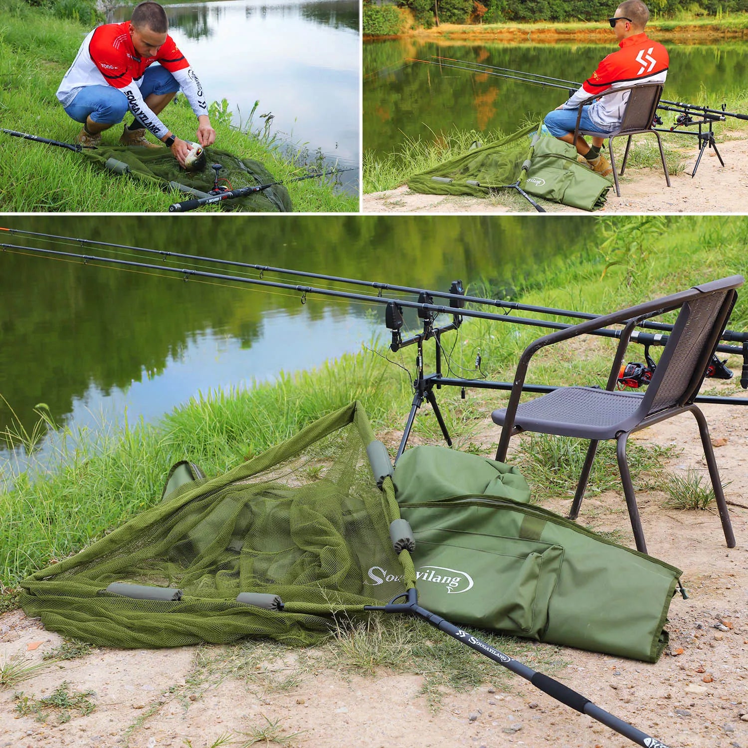 Sougayilang Carp Fishing Tool Net Fishing tackle 212/300cm Portable Retractable Folding Fishing Net for Carp Trout Fishing