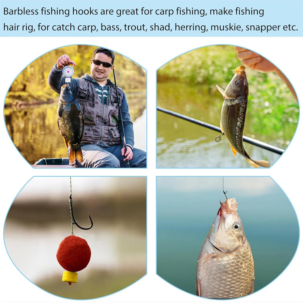 180PCS Barbless Fishing Hooks Kit Carp Fishing Hooks Curved Shank Fly Tying Hooks Circle Hooks for Hair Rig Carp Fishing Tackle